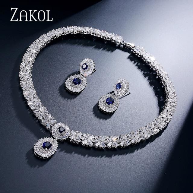 cz zirconia necklace earrings set blue