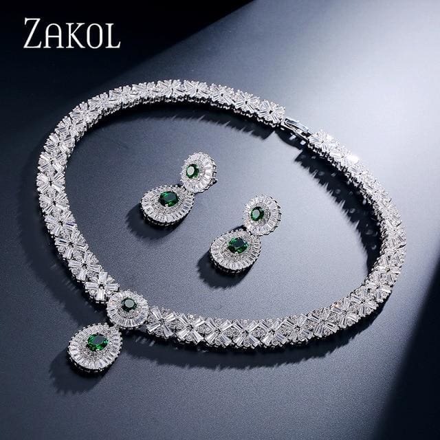 cz zirconia necklace earrings set green