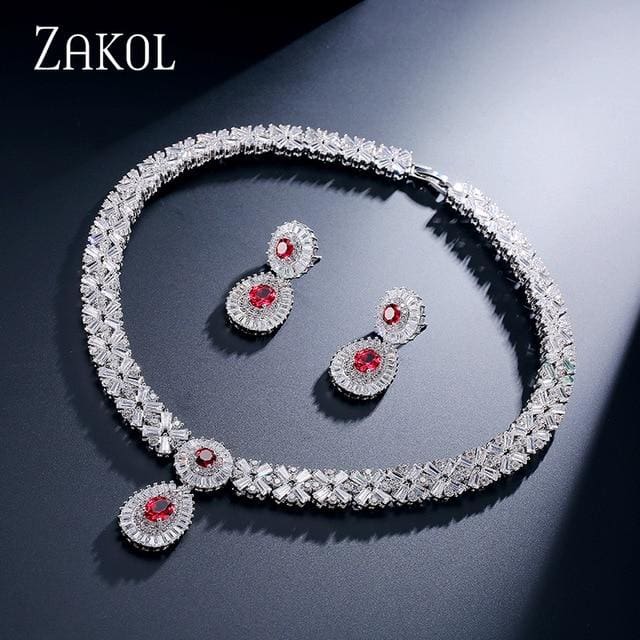 cz zirconia necklace earrings set red