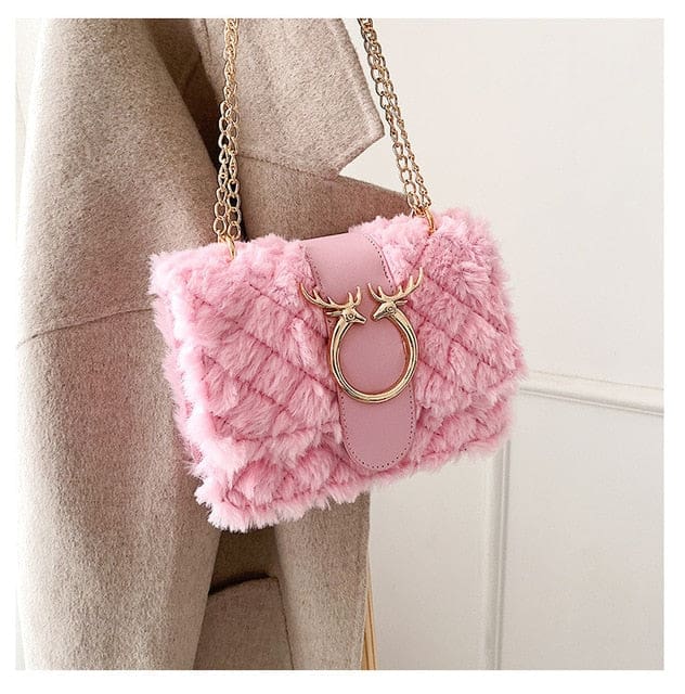 deer lock chain winter soft plush fur designer handbag single layer pink / cn / 22 x 11 x 15 cm