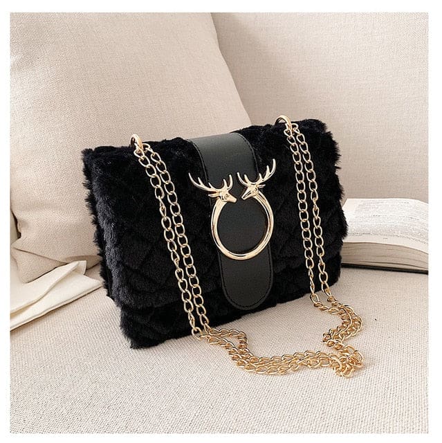 deer lock chain winter soft plush fur designer handbag single layer black / cn / 22 x 11 x 15 cm