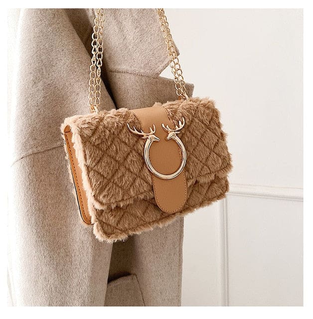 deer lock chain winter soft plush fur designer handbag single layer khaki / cn / 22 x 11 x 15 cm