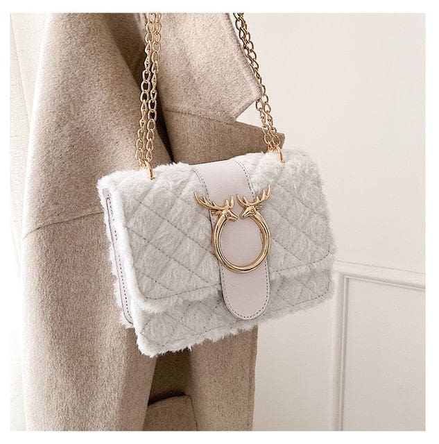 deer lock chain winter soft plush fur designer handbag white / cn / 22 x 11 x 15 cm