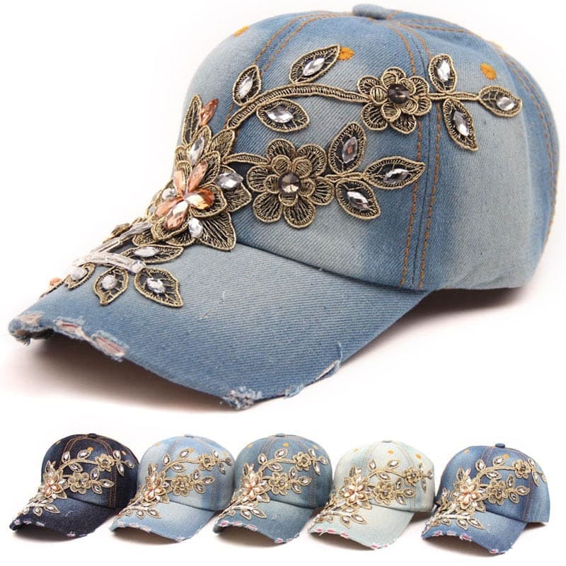 Denim Diamond Embroidery Flower Cowboy Women Baseball Cap WOMEN HAT