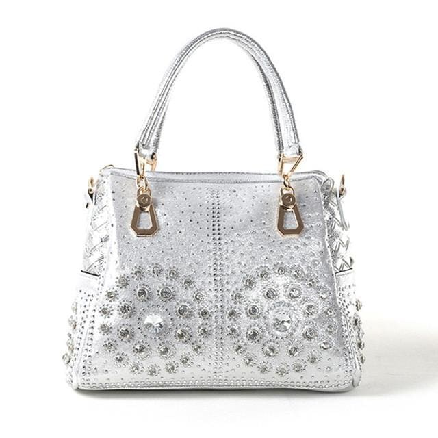 designer crystal diamond ladies tote bag pu silver