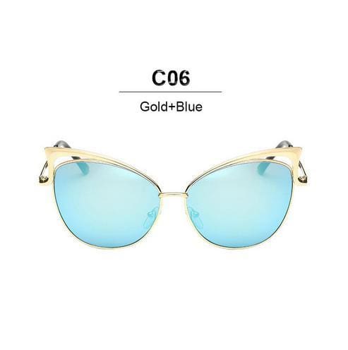 designer twin-beam mirror cat eye women sunglasses gold blue