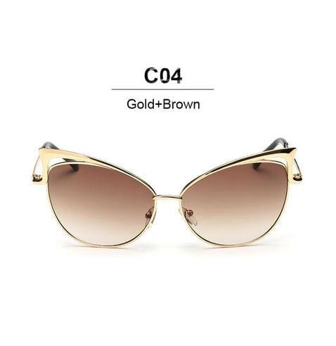 designer twin-beam mirror cat eye women sunglasses gold brown