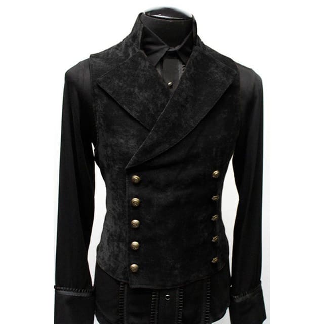 Double Breasted Gothic Steampunk Velvet Stand Collar Men Vest Black / XXL JACKETS