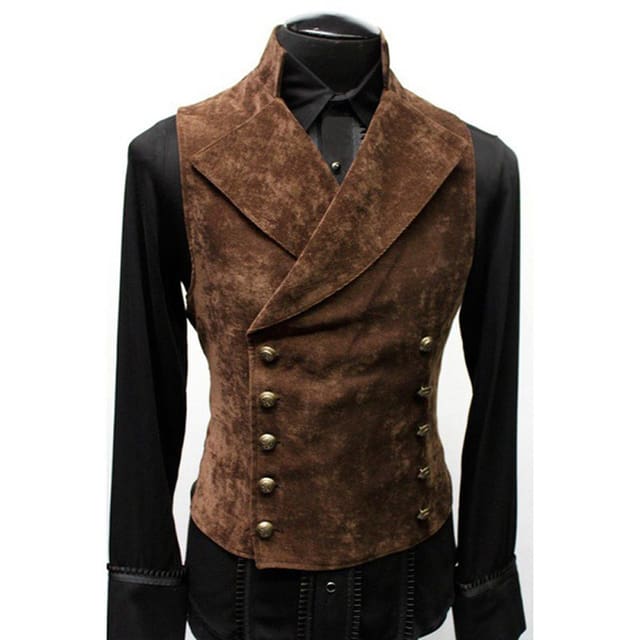 Double Breasted Gothic Steampunk Velvet Stand Collar Men Vest Brown / XXL JACKETS