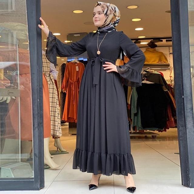Elegant Bell Sleeve Chiffon Long Dress Black Dress / L Elegant Bell Sleeve Chiffon Long Dress Black Dress / L