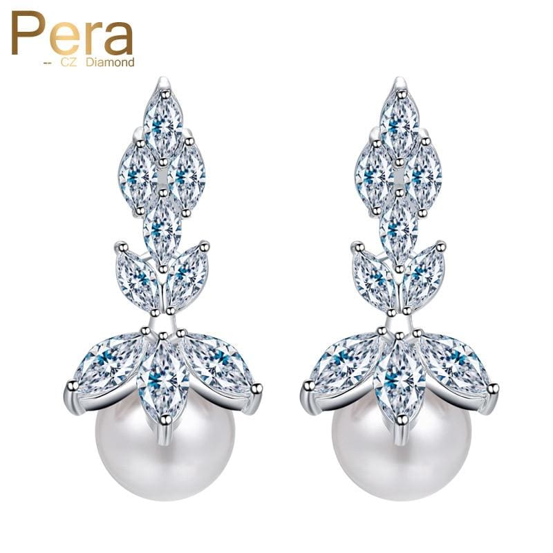 elegant fresh water pearl marquise shape cubic zirconia long earrings