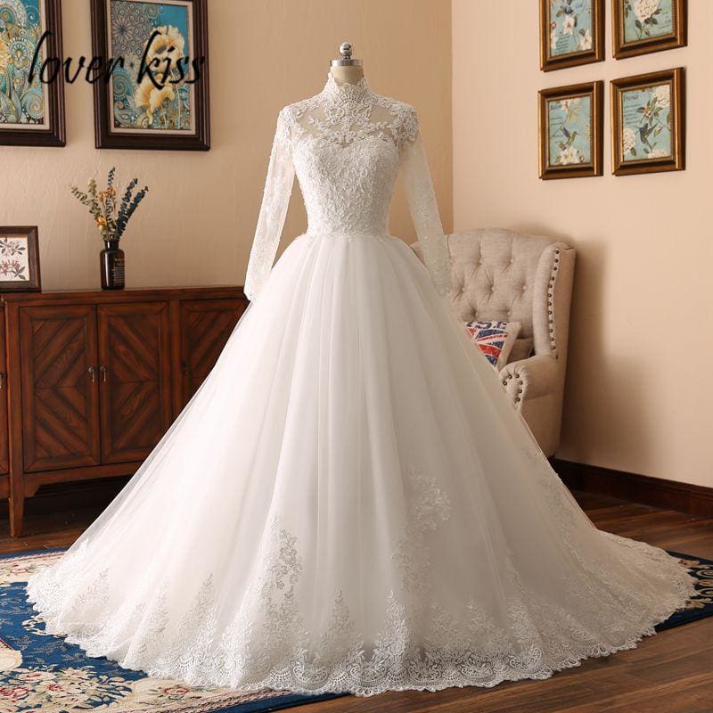 elegant high neck long sleeve lace muslim wedding dress