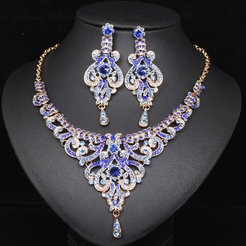 elegant indian bridal necklace and earrings sets blue in gold