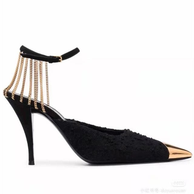 elegant pointed toe ankle strap star style fashion metal chains party high heels