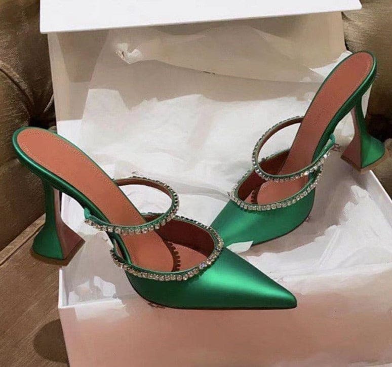 elegant pointed toe rhinestones satin party high heels for women