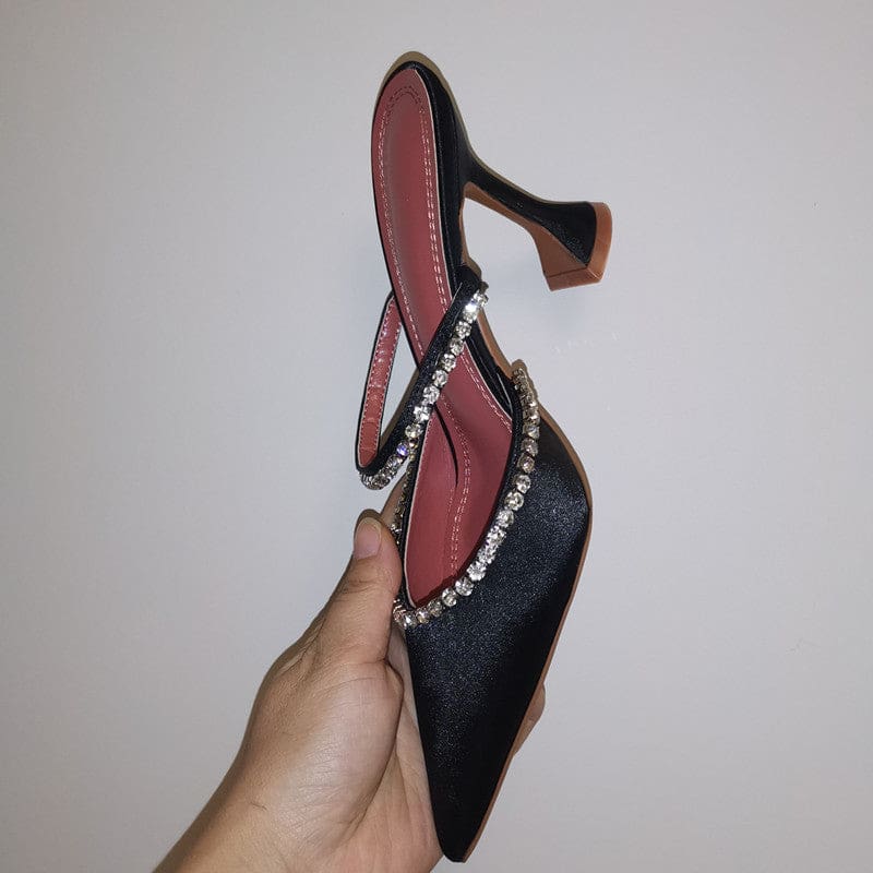 elegant pointed toe rhinestones satin party high heels for women