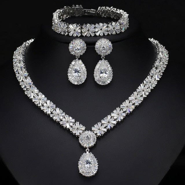 Exclusive Dubai Gold Plate Luxury Cubic Zirconia Jewelry Set Silver JEWELRY SETS