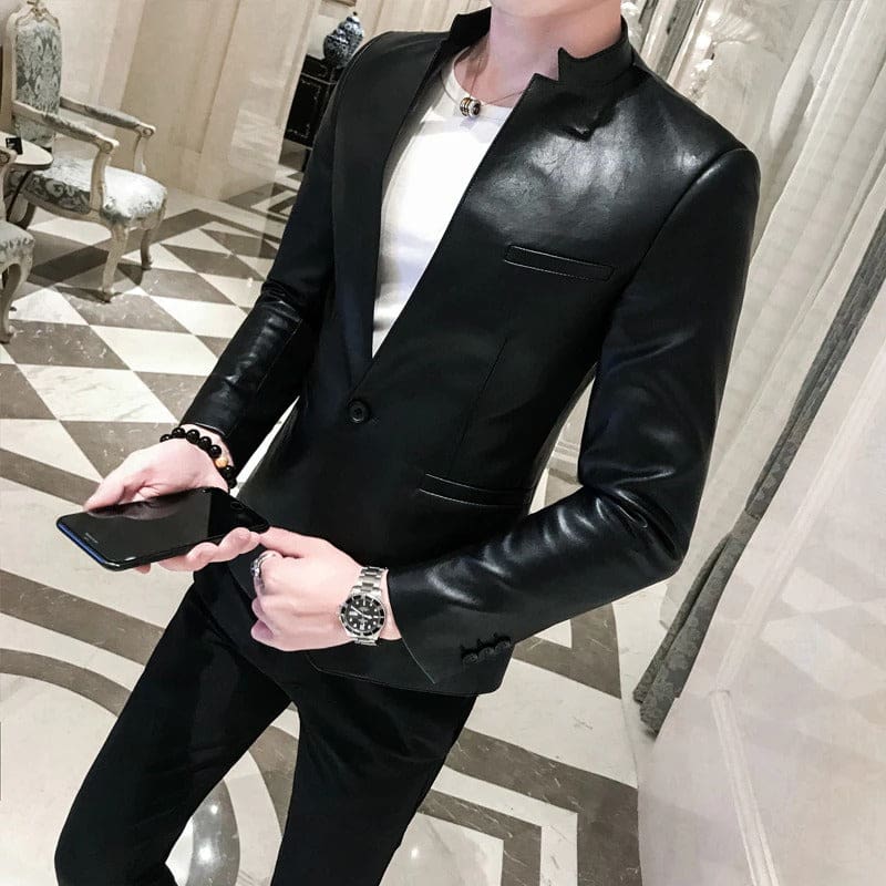 Faux Leather Slim Fit Men Blazer Black / 3XL (Asian Size) JACKETS