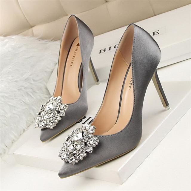 faux silk satin rhinestone crystal shallow women high heels