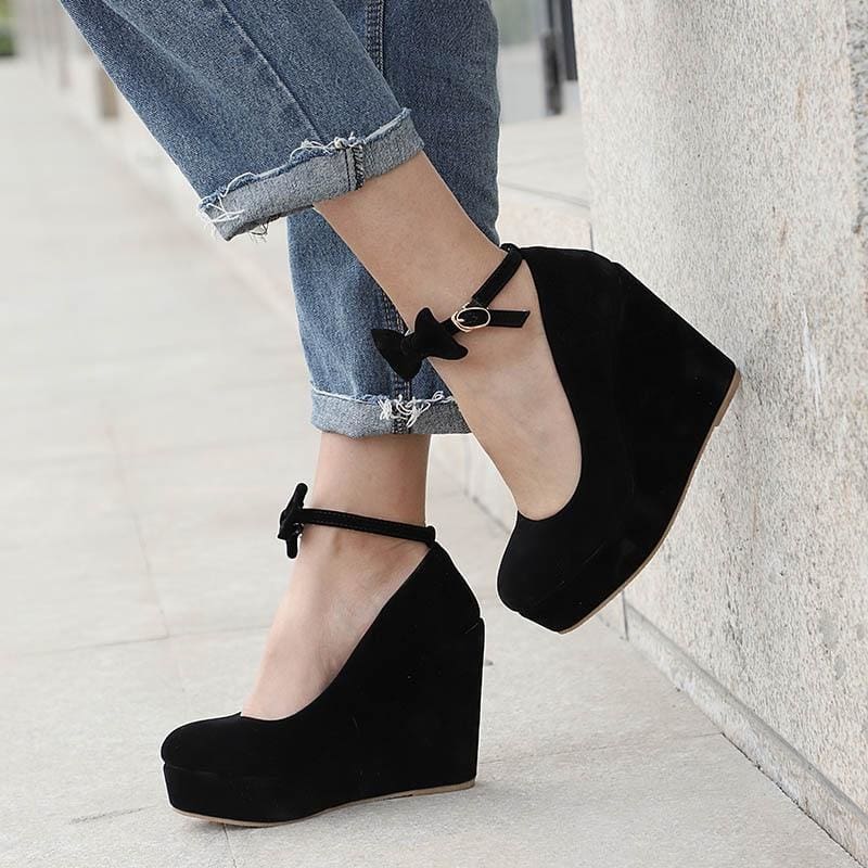 female flock platform buckle ankle strap bowtie shoes