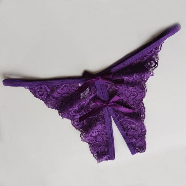 flower lace female briefs thongs g-string women sexy opening crotch panties purple / one size