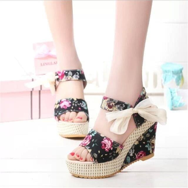 flowers buckle open toe wedge high heels