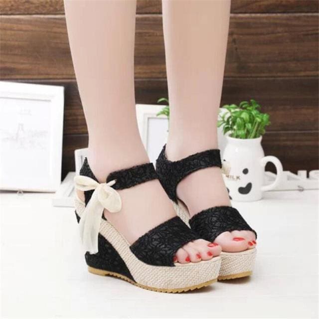 flowers buckle open toe wedge high heels