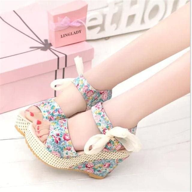 flowers buckle open toe wedge high heels