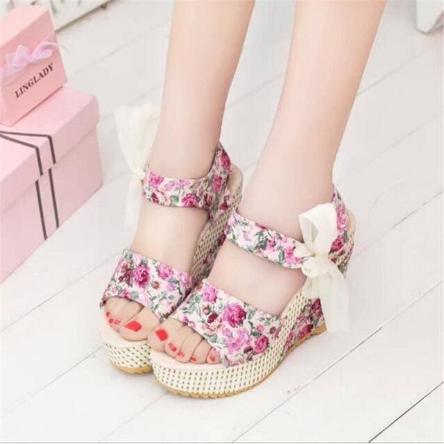 flowers buckle open toe wedge high heels