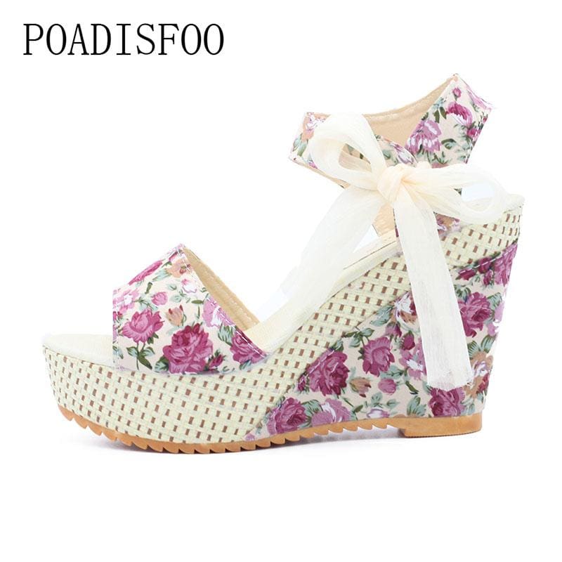 flowers buckle open toe wedge high heels