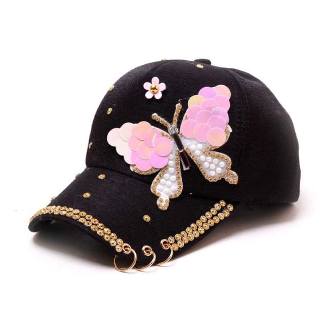 full crystal colorful big butterfly shiny metal snapback baseball cap for women black