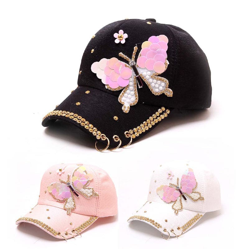 full crystal colorful big butterfly shiny metal snapback baseball cap for women