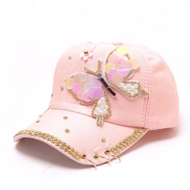 full crystal colorful big butterfly shiny metal snapback baseball cap for women pink
