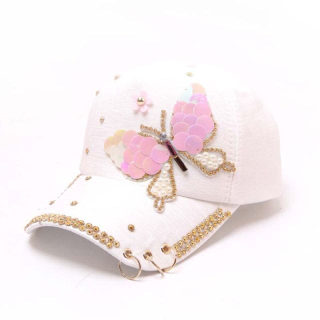 full crystal colorful big butterfly shiny metal snapback baseball cap for women white