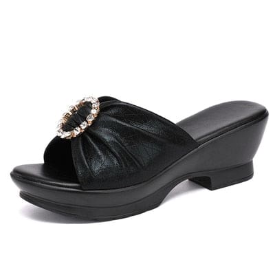 Genuine Leather Anti-slip Summer Mid Heels Flip Flops Fashion Women Beach Shoes Black / 10 HIGH HEELS