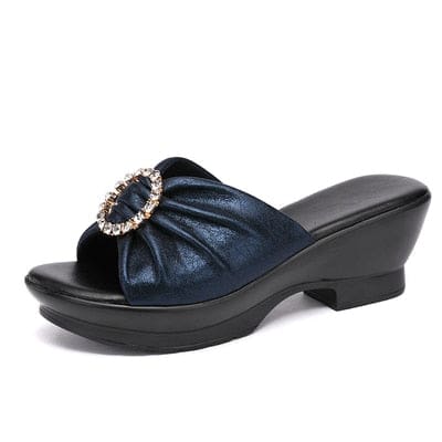 Genuine Leather Anti-slip Summer Mid Heels Flip Flops Fashion Women Beach Shoes Blue / 9 HIGH HEELS