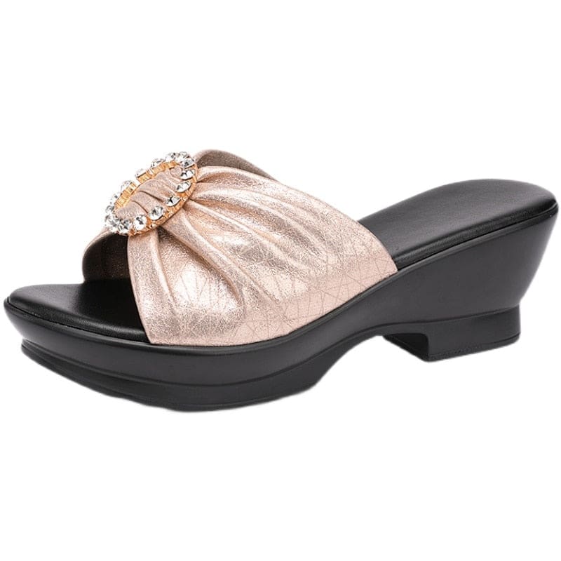 Genuine Leather Anti-slip Summer Mid Heels Flip Flops Fashion Women Beach Shoes Gold / 10 HIGH HEELS