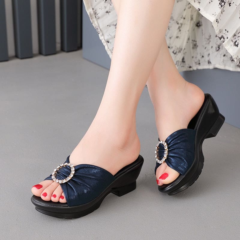 Genuine Leather Anti-slip Summer Mid Heels Flip Flops Fashion Women Beach Shoes HIGH HEELS