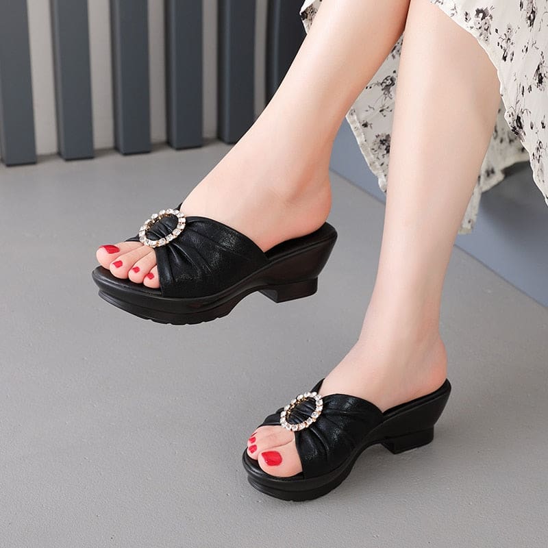 Genuine Leather Anti-slip Summer Mid Heels Flip Flops Fashion Women Beach Shoes HIGH HEELS