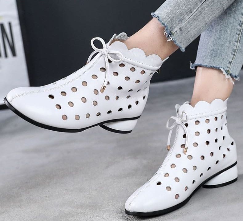 genuine leather back zipper cutout breathable summer ankle boots