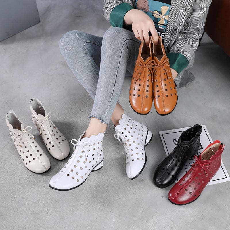 genuine leather back zipper cutout breathable summer ankle boots