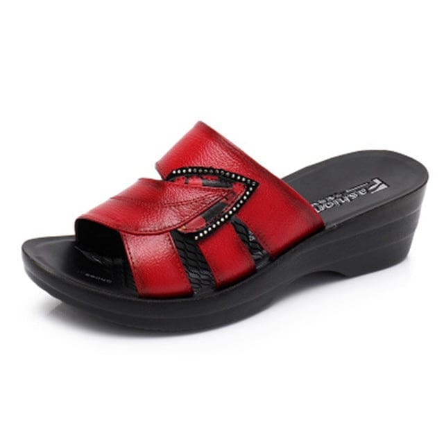 Genuine Leather Casual Slides Women Summer Shoes Red / 6 WOMEN SHOES