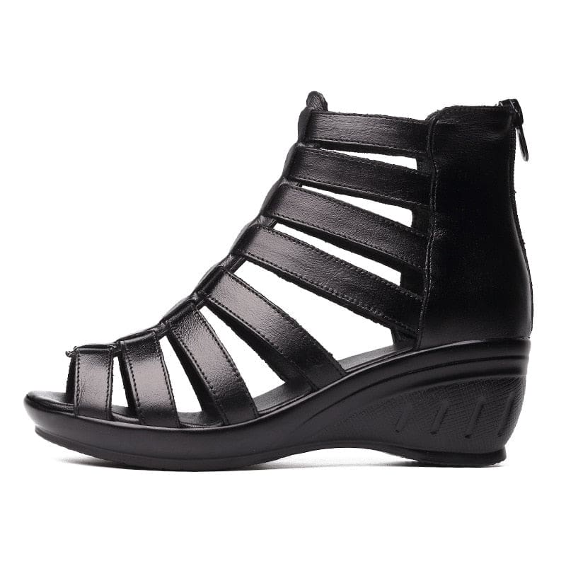 Genuine Leather Classic Black Peep Toe Gladiator Women High Heels HIGH HEELS