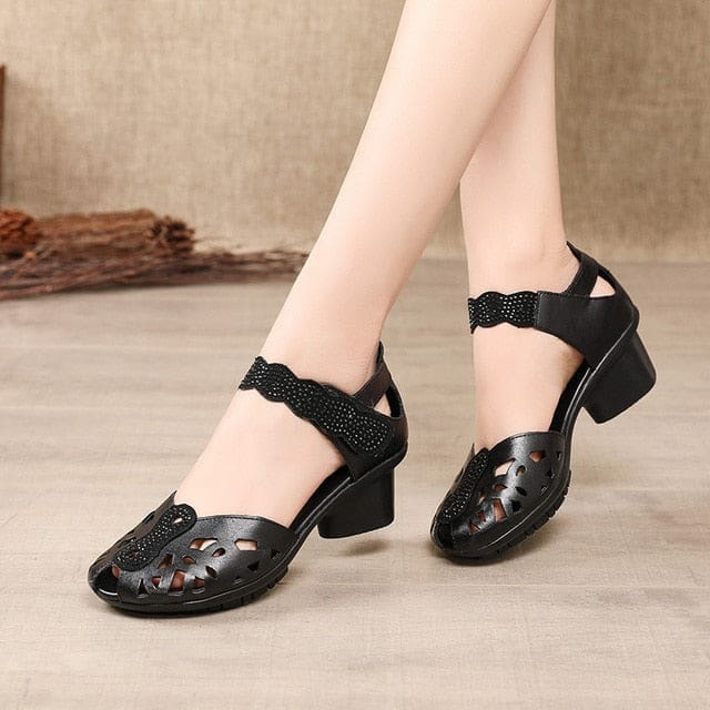 Genuine Leather Classic Black Peep Toe Hollow Ladies Sandals / 5 HIGH HEELS