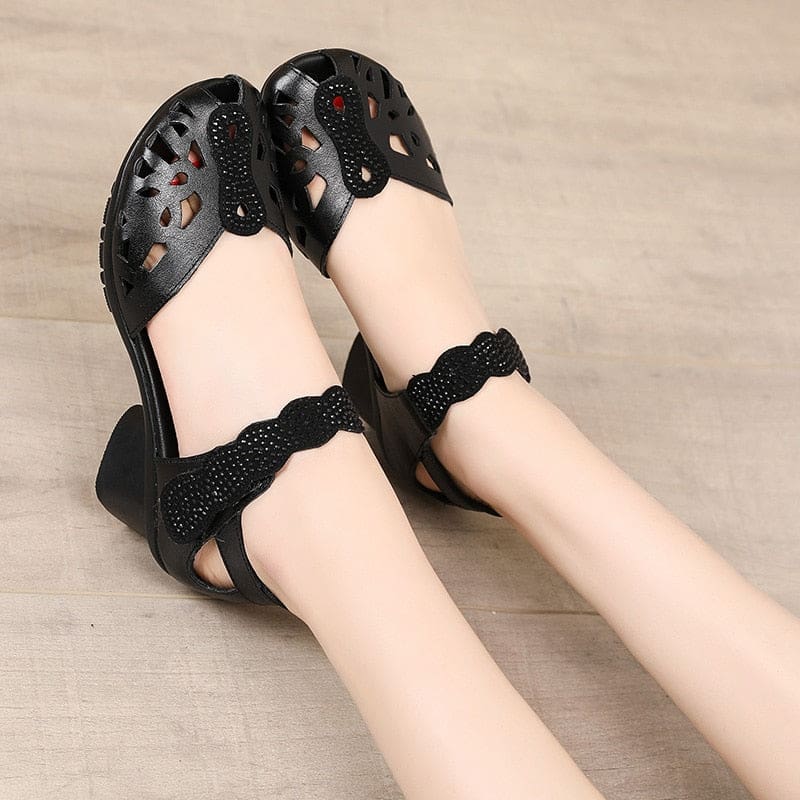 Genuine Leather Classic Black Peep Toe Hollow Ladies Sandals HIGH HEELS