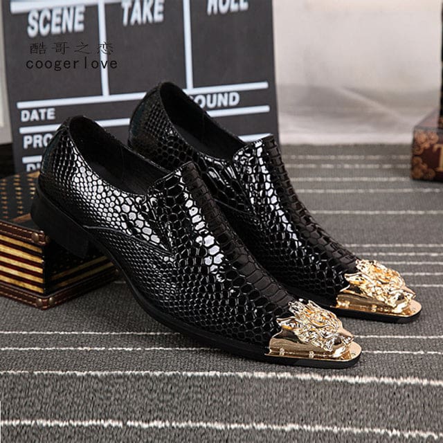 Genuine Leather Dragon Head Pointed Snake Embossed Men Dress Shoes Black-2 / 38 MEN SHOES