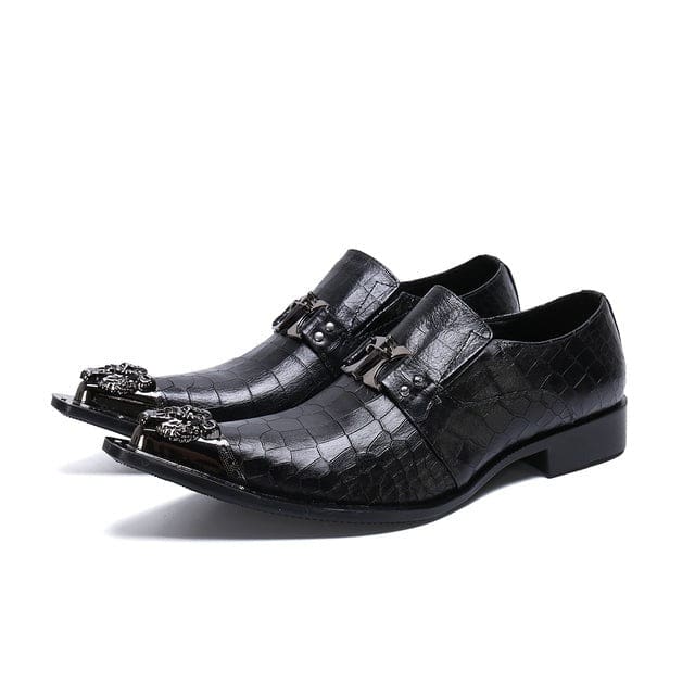 Genuine Leather Dragon Head Pointed Snake Embossed Men Dress Shoes Black-4 / 46 MEN SHOES