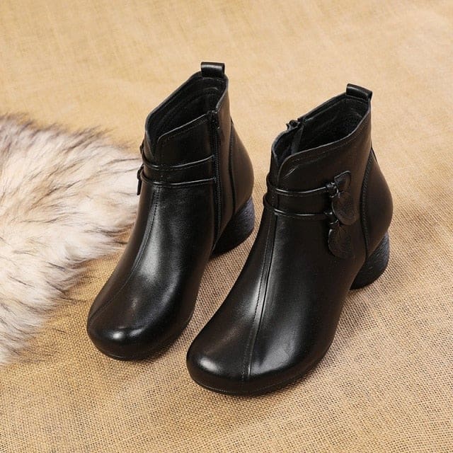 genuine leather flowers zipper retro winter thick heel ankle boots