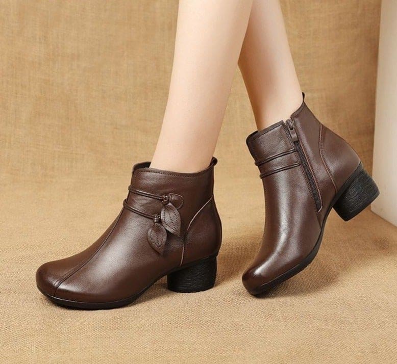 genuine leather flowers zipper retro winter thick heel ankle boots