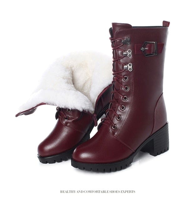 genuine leather high-heeled wool warm winter boots for women